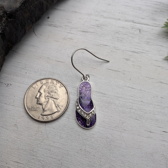 Silver-Tone Purple Glitter Flip Flop Drop Earrings - Picture 5 of 5